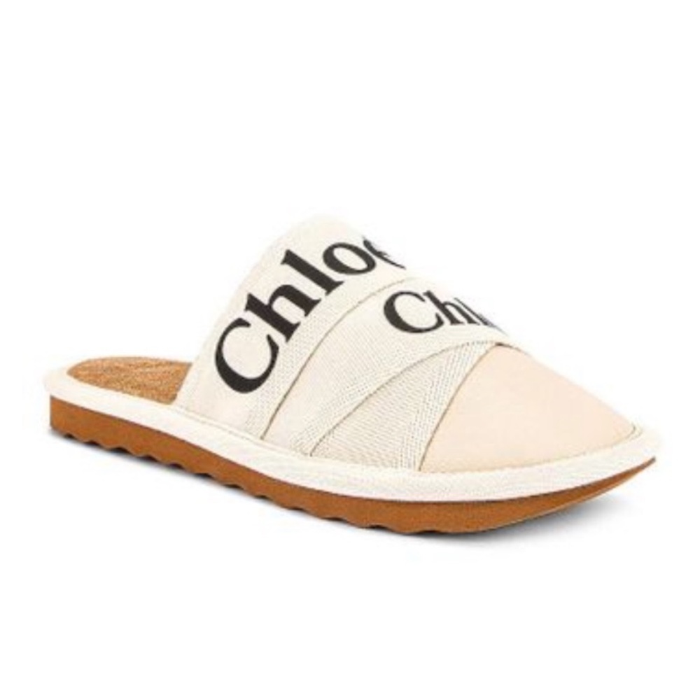 Chloe Logoed Woody Canvas & Leather White Mule Slippers size 40